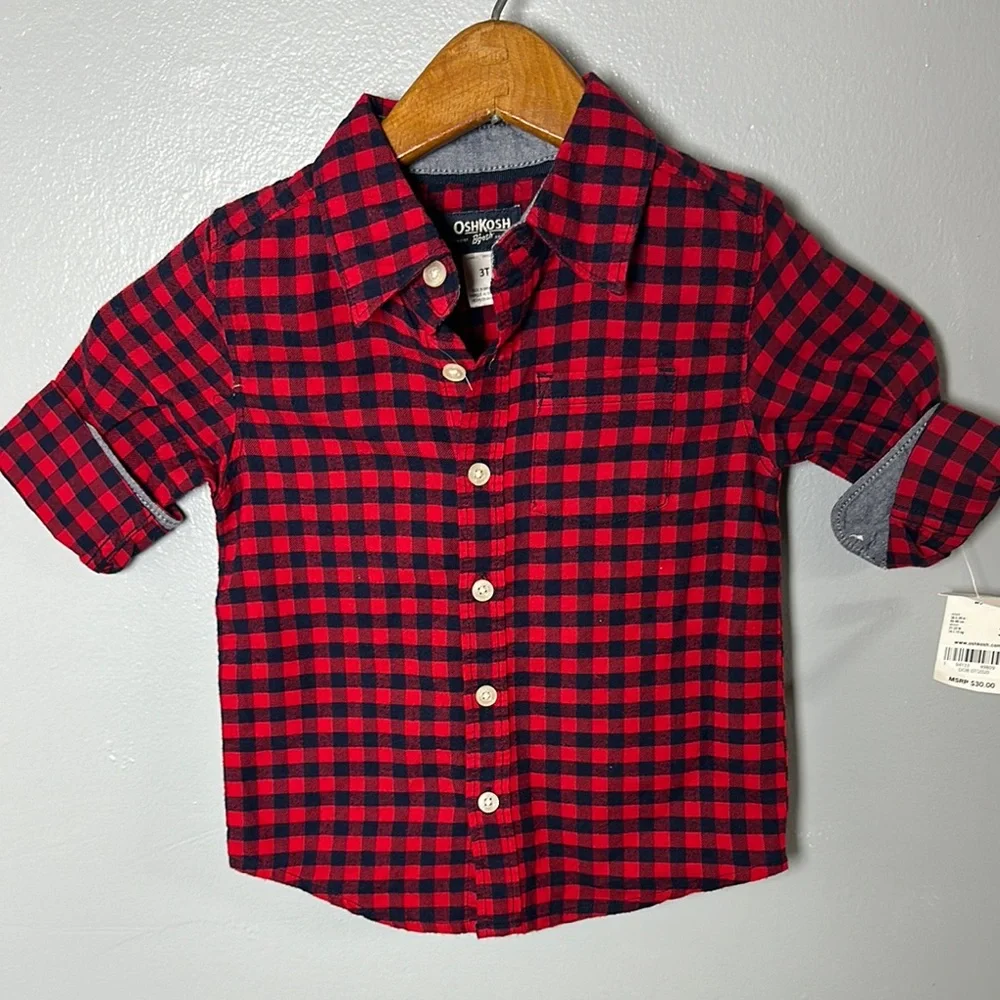 OshKosh B'gosh Red Plaid Kids Shirt Boy’s Button Up 3T New